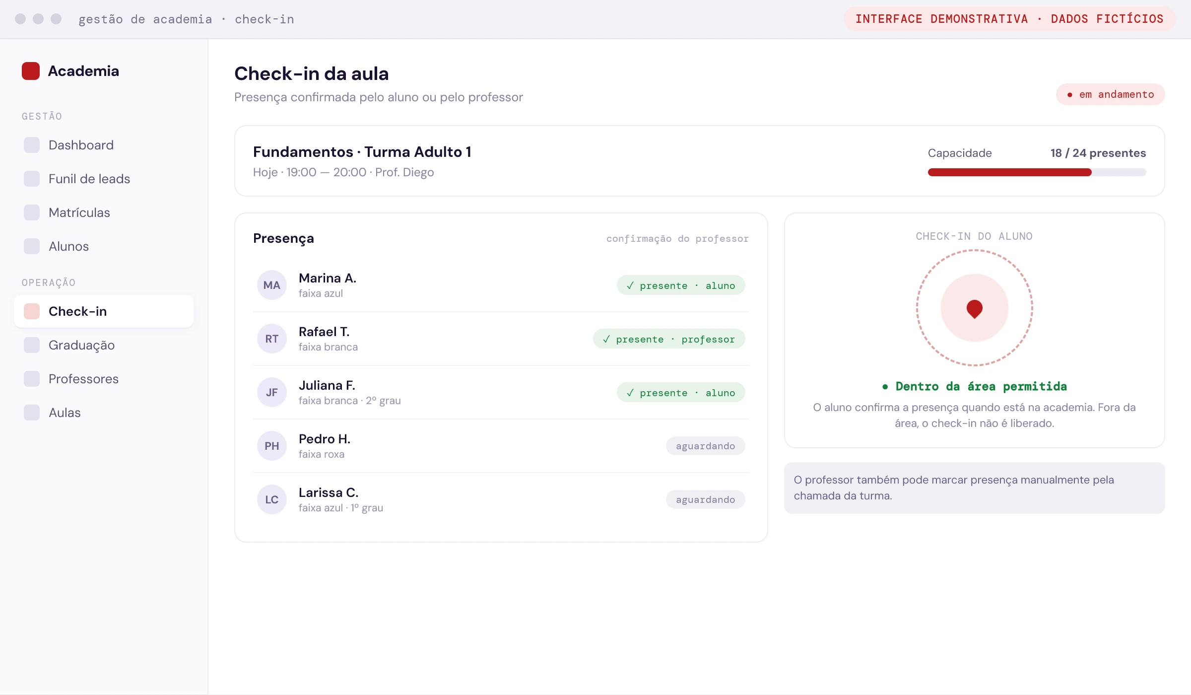 Check-in da aula com presença confirmada pelo aluno ou professor e área permitida (interface demonstrativa com dados fictícios)