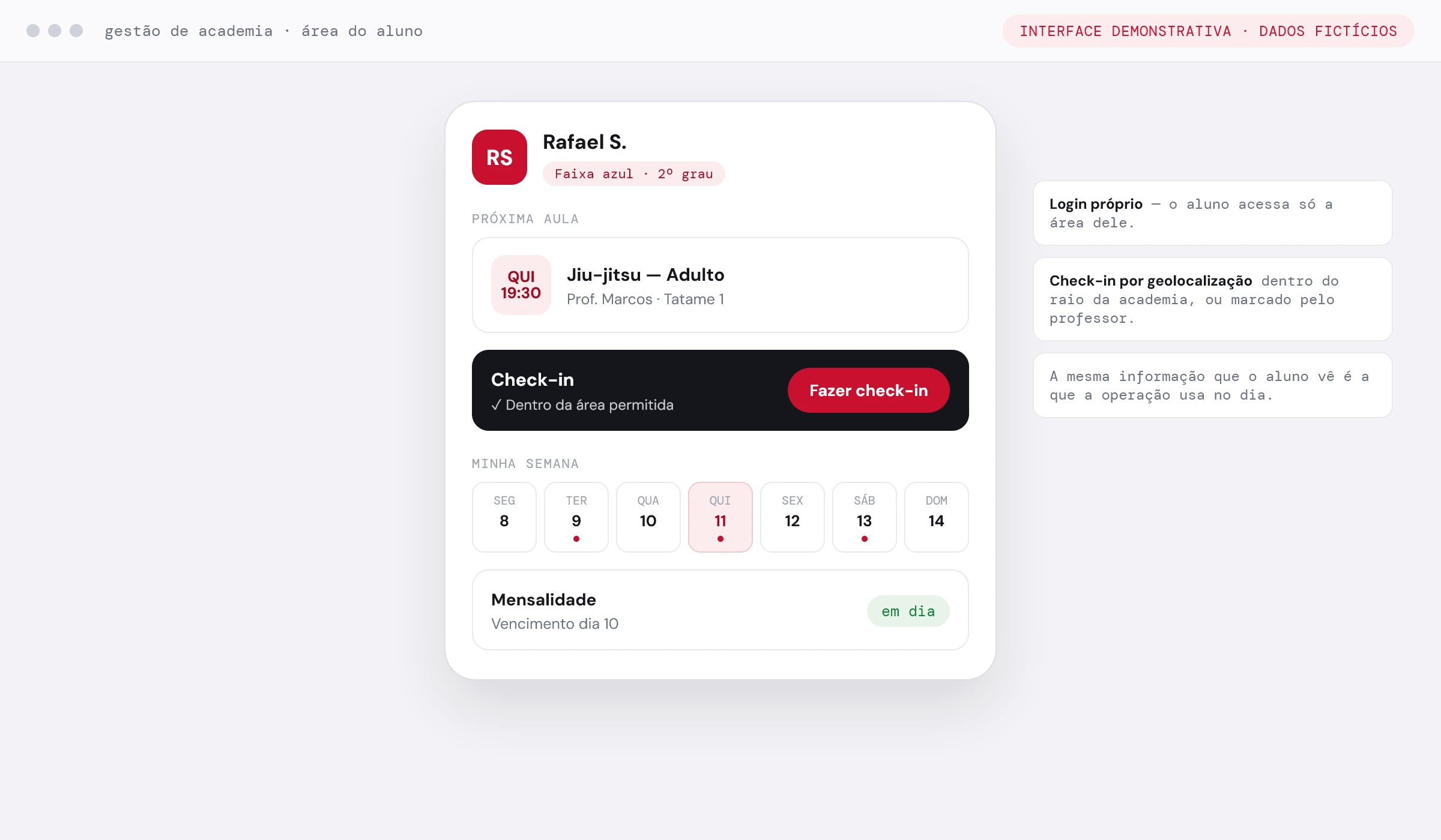 Área do aluno: próxima aula, check-in dentro da área permitida, semana e mensalidade (interface demonstrativa com dados fictícios)