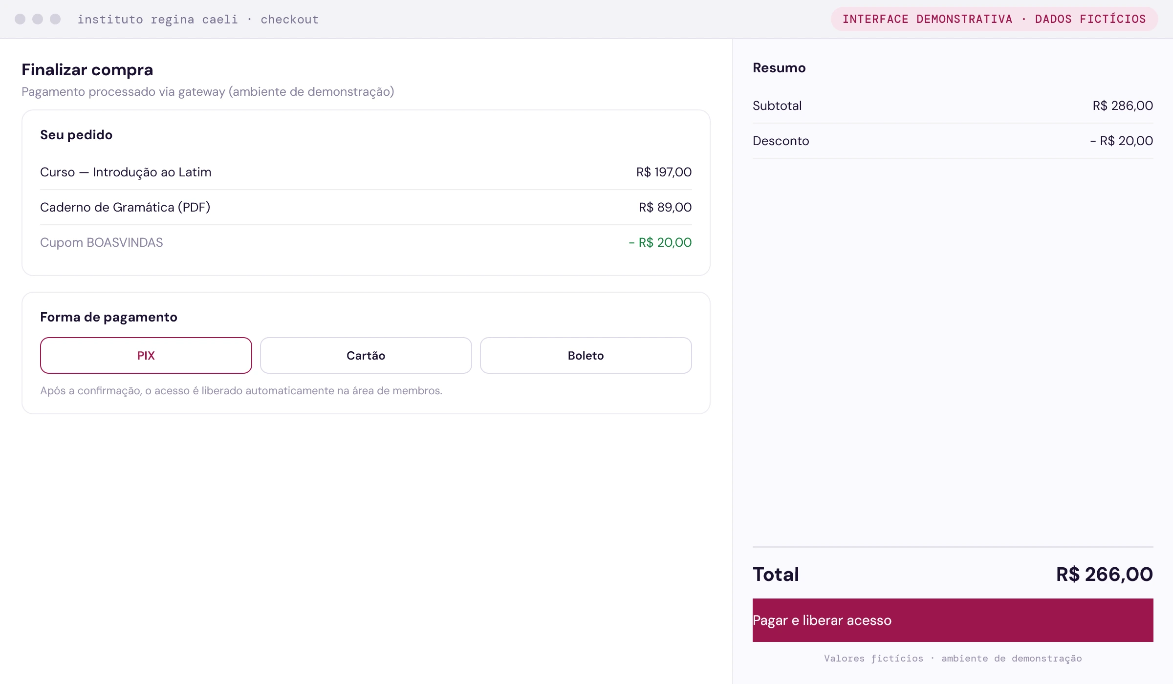 Checkout do Instituto com pedido, forma de pagamento e liberação de acesso (interface demonstrativa com dados fictícios)