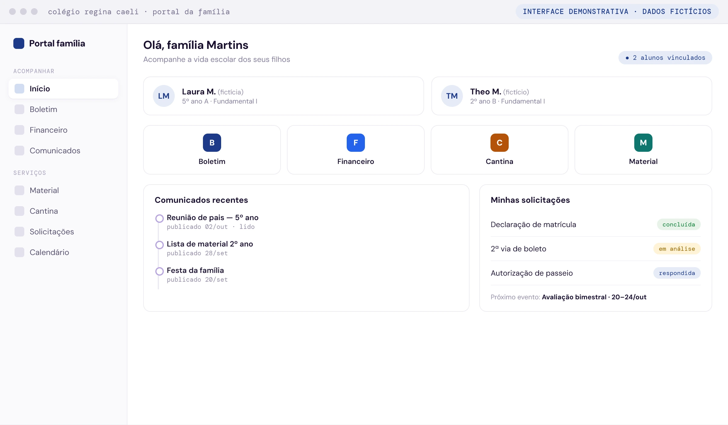 Portal da família: alunos vinculados, atalhos, comunicados e solicitações (interface demonstrativa com dados fictícios)