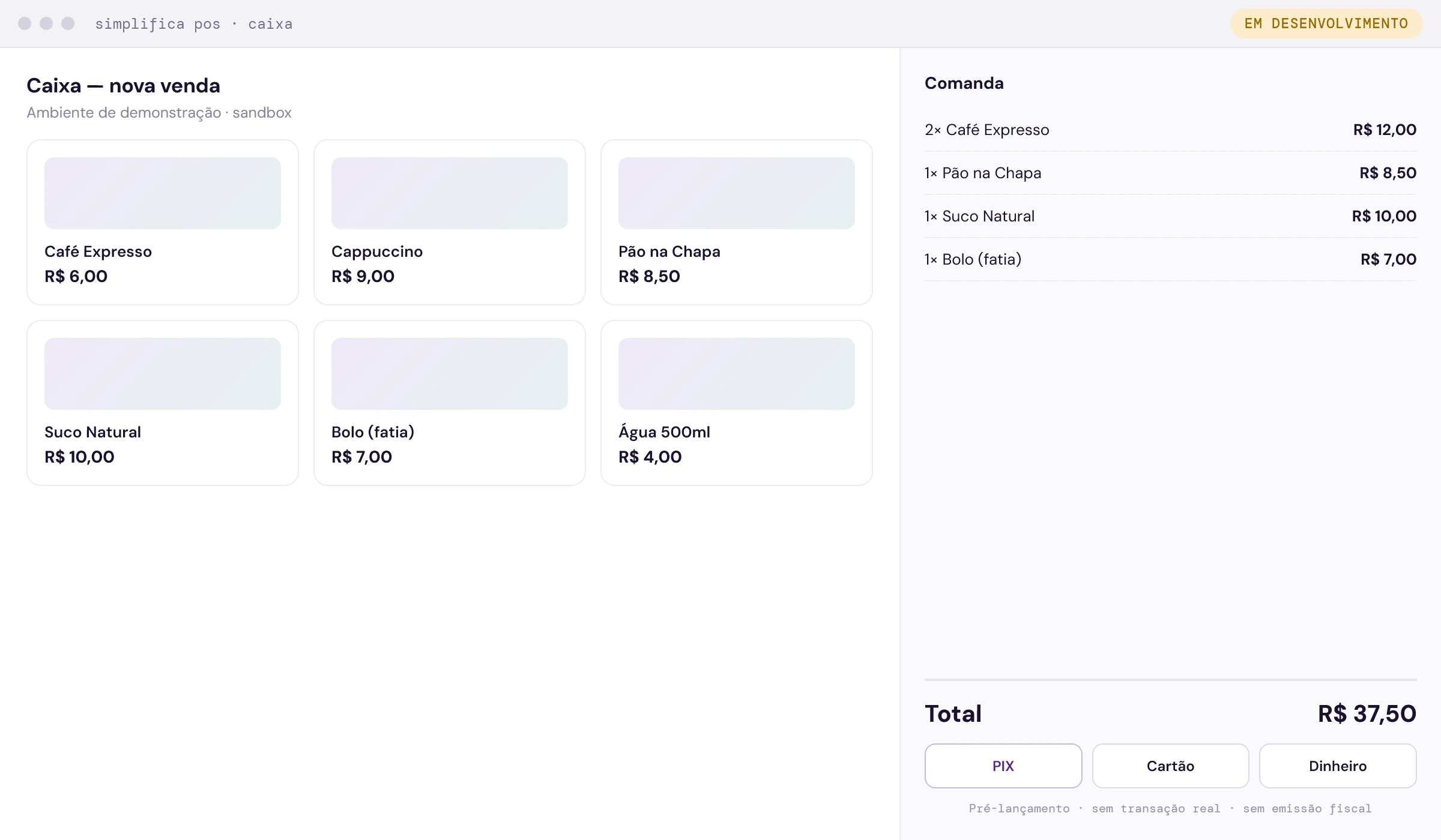 Simplifica POS em desenvolvimento — tela de caixa em ambiente de demonstração (dados fictícios)